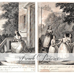 May include: Two black and white illustrations from a book. The first image shows a woman kneeling on a set of stairs, praying. The second image shows four women standing in a garden, talking to each other. The text below the images reads "French Pictures" and includes French text.