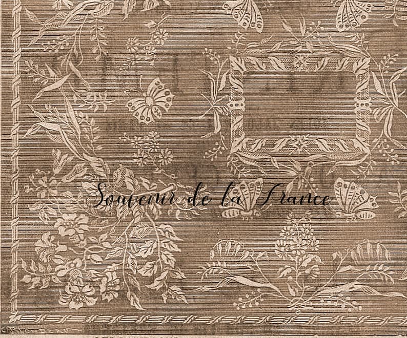 May include: A brown background with a white floral pattern and the text "Souvenir de la France".