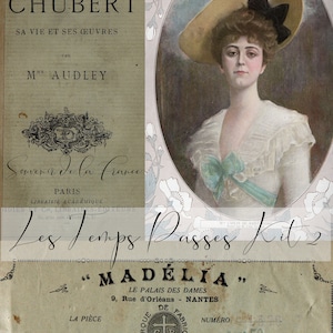May include: A vintage advertisement for "Madelia", a shop selling ladies' clothing and accessories. The ad features a woman wearing a large straw hat with a black ribbon and a light blue dress. The text reads "Madelia", "Le Palais des Dames", "9, Rue d'Orléans - Nantes", "La Pièce de 25 Mètres", "Marqué de Fabriqué Deposé", "Numéro", "Prix: 15.50", and "Comptoir d'Ouvrages de Dames".