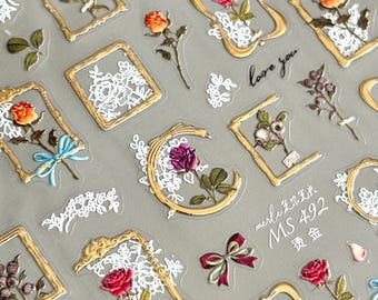 Rozegouden roos nagelstickers: 5D vlinderstickers met bloemen