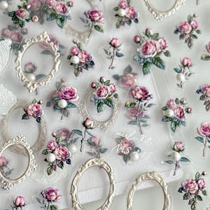 5D Pink Rose Flower Nail Stickers with Pearls – Self Adhesive Floral Nail Art Decals – Buy 5 Get 1 Free – DIY 3D Manicure Gel Acrylic