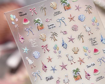 5D Embossed Sea Nail Stickers | Ocean Nail Art Decals | 3D Shell Starfish Mermaid Nails | Summer Beach Nail Design | Self Adhesive 1 Sheet