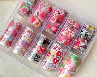 10pcs Valentine's Day Nail Foil Stickers: Flowers, Hearts, Kisses