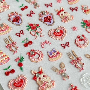 5D Bunny Bow Flower Heart Nail Stickers – Easter Christmas Rose Cherry Nail Art Decals – Self Adhesive 3D Cute DIY Manicure Stickers