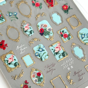 5D Gold Rose Flower Nail Stickers – Blue Pink Red Floral Leaf Nail Art Decals – 3D Jelly Nail Stickers for Acrylic Nails, Press On Nails