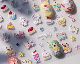 Cute Bear Flower Cupcake Nail Stickers, Kawaii Self-Adhesive Nail Art Decals for DIY Manicure, DIY Nail Art, Nail Art Stickers for Girls