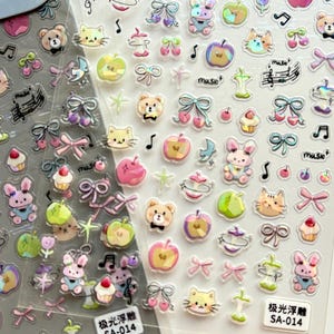 2 Sheet Pack Kawaii Nail Stickers – Cute Cat Dog Cartoon Animal Decals, Fruit Flower Ribbon Hawaii Aesthetic Nail Art for DIY Nails