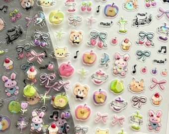 Kawaii Nail Stickers – Cartoon Animals, Fruit, Bows (2 Sheet Pack)
