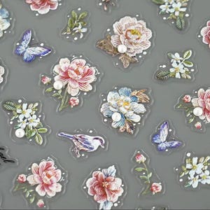 1 Sheet 5D Flowers  Embossed Nail Decals Nail Arts Stickers Pearl Peach Blossom Leaves Birds Butterfly 5D Nail Designs Stickers DIY decals