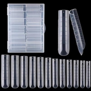 May include: A set of clear plastic nail tips in various sizes, numbered 0 through 10, with a clear plastic storage box. The nail tips have a textured surface and are designed for use with nail extensions.