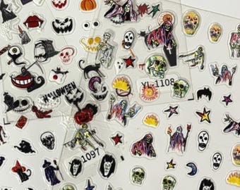 May include: Sheets of Halloween-themed stickers featuring various spooky designs. Includes images of skulls, ghosts, bats, witches, and the text "Happy Halloween". The stickers are in various colors, including black, white, orange, and green.