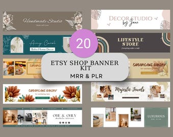 May include: A collection of 20 Etsy shop banner templates in various styles. The banners feature different designs, including floral patterns, geometric shapes, and text overlays. The banners are ideal for promoting Etsy shops and businesses.