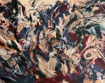 以下が含まれることがあります： 抽象的な絵画で、重ねられた筆致の複雑な構成です。赤、青、緑、ベージュなどの色の混合が特徴で、黒と白の落書きが塗装された領域に重ねられています。全体的な効果はダイナミックでテクスチャード加工されています。