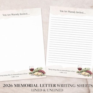 May include: Two white memorial letter writing sheets, one lined and one unlined, with the text "You Are Warmly Invited..." and a quote. The bottom of the sheets read "2026 MEMORIAL LETTER WRITING SHEETS LINED & UNLINED".