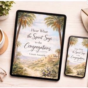 Puede incluir: Una tableta y un teléfono inteligente muestran una imagen de paisaje con palmeras y el texto "Hear What the Spirit Says to the Congregations". Una taza de café, gafas y un bolígrafo también están sobre la superficie clara.