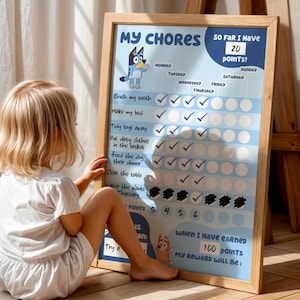 Bluey Printable Chore Chart for Kids - Cyfrowy dzienny planer kontrolny dla dzieci - Tygodniowe nagrody Rutynowa odpowiedzialność - Spersonalizowany
