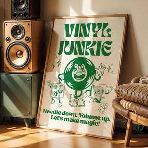 Vinylplatenposter (digitale print), print retro vinyljunkie platenspeler, vinylplatendisplay cadeau voor liefhebbers van vinylmuziek, decoratieve dj-kunst