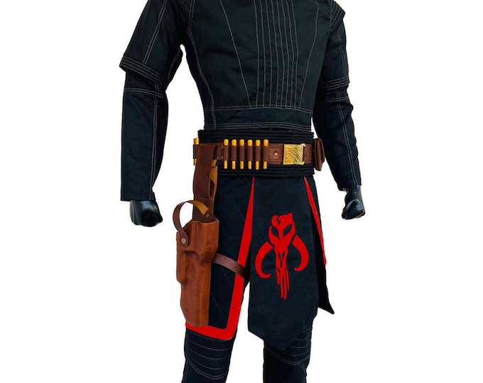 Featured listing image: MAndalorian Star Wars Custom Flight Suit | Inspired My Book Of Boba Fett Black Costumes With Red Mythosaur Logo On Skirt Or Leather Belt