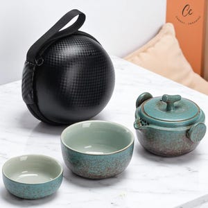 Ceramic Gongfu Tea Set: Gorgeous Chinese Teapot & 2 Cups, Portable Travel Set with Carrying Case for Tea Lovers