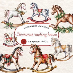 Watercolor Christmas Rocking Horse Clipart: Antique Toy PNGs (Digital Download, 20 Images, 4095x4095px)