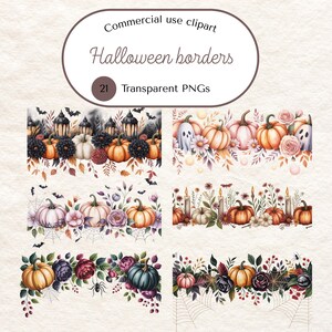May include: Watercolor clipart featuring Halloween borders with pumpkins, flowers, and spooky elements. The image includes text that reads "Commercial use clipart", "Halloween borders", and "21 Transparent PNGs".