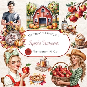 Apfelernte Clipart, Hallo Herbst Clipart, Illustrationen gemütlichen Herbst Bauernhof, Aquarell fallende Äpfel Clipart, Herbst PNG, Herbst Apfelernte