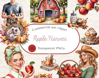 Op de afbeelding: Waterverfillustratie met de tekst "Apple Harvest" met een rode schuur, pompoenen, appels en mensen. Bevat een mand met appels, een taart en een egel omringd door herfstbladeren. "Commercial use clipart" en "58 Transparent PNG's" worden ook weergegeven.