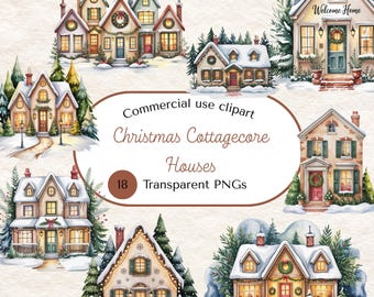 Christmas Village Clipart, Christmas Cottagecore Houses, Christmas Town Clipart, Xmas Stores, Printable Watercolor, Winter Festive Clipart