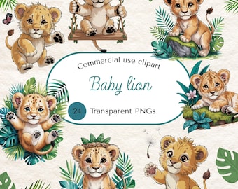 Cute Baby Lion Clipart, Transparent PNGs , Baby Shower Clipart, Nursery Cliparts, Clipart for Commercial Use, Nursery Decor, Lion Clipart