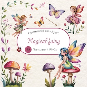 Magical garden fairies clipart Bundle, Nature Cute magical forest fairy first birthday clipart, Fairytale fantasy fairy house