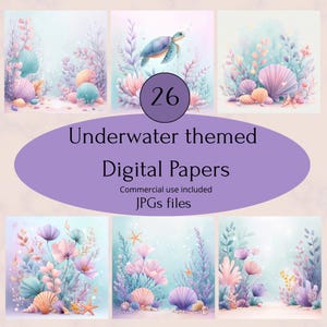 May include: A collection of 26 underwater themed digital papers in JPG format featuring pastel illustrations of sea turtles, various seashells, starfish, and aquatic plants in soft shades of pink, blue, purple, and peach on light backgrounds.