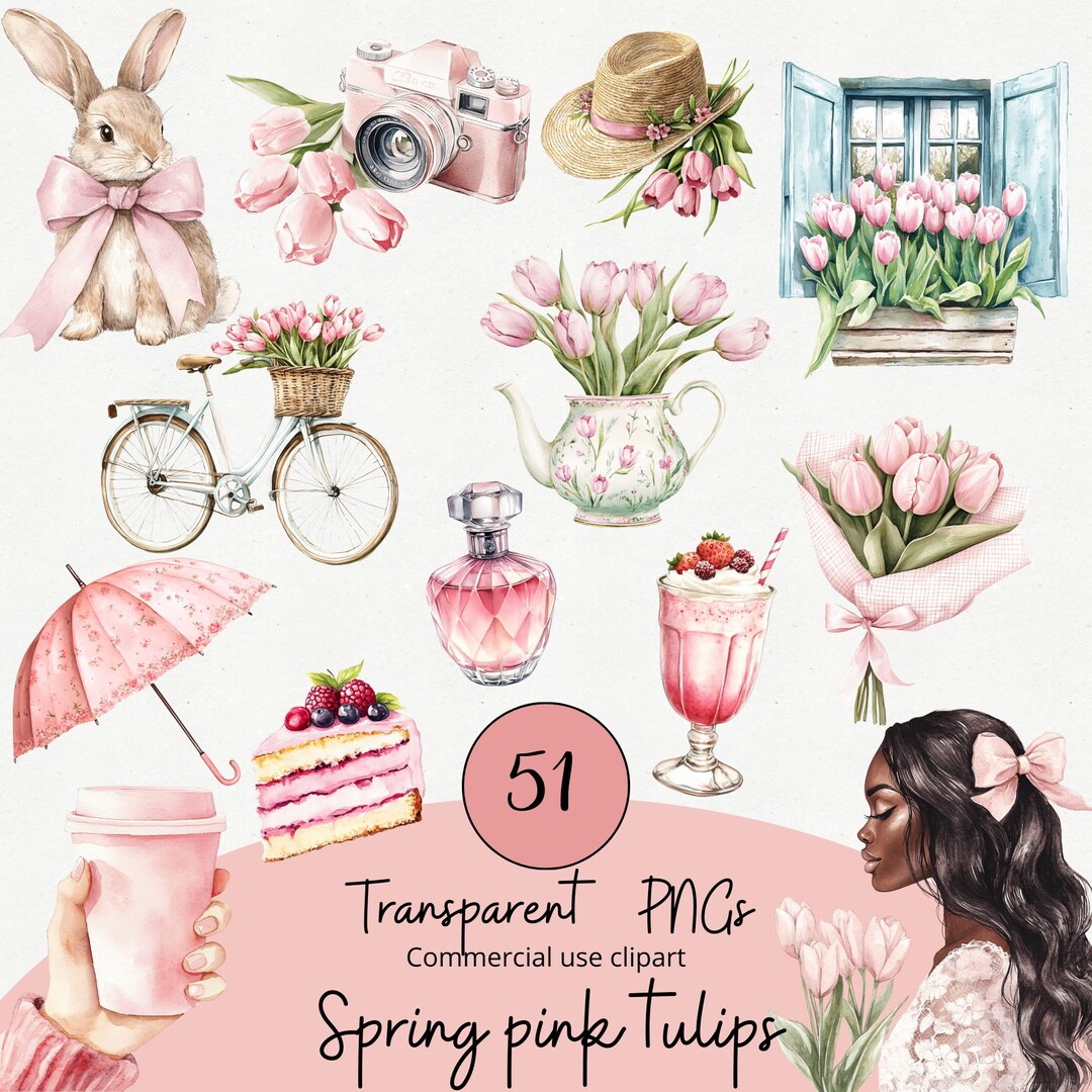 Watercolor Pink Tulip Clipart, Spring Floral Bouquet, Spring ...
