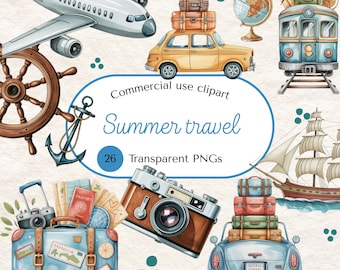 Summer Travel Clipart | Watercolor Travel Clipart | Summer Clipart | Travel Clip Art | Summer Travel Planner PNG Files | Adventure clipart
