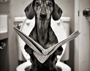 Funny Dachshund Bathroom Art: Dog on Toilet Print (Digital Download)