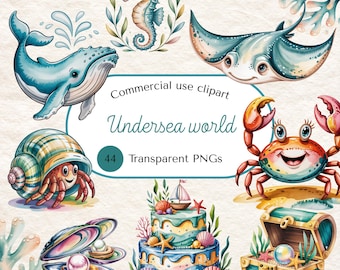 Watercolor Undersea Animals Clipart: 40 PNG Images, Nursery Decor (Digital Download)