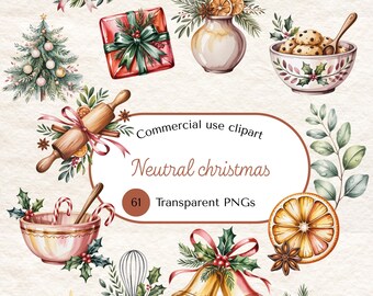Boho Christmas Clipart, Neutral Rustic Christmas PNGs, Cozy Winter Hygge Ornaments, Rustic Christmas Watercolor, Noel Christmas Aquarelle