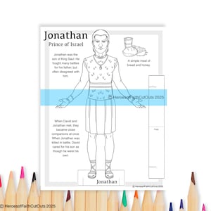 May include: Black and white line art illustration of Jonathan, Prince of Israel, from the Bible. The illustration is a printable cutout for children's crafts. The text includes a brief biography of Jonathan.