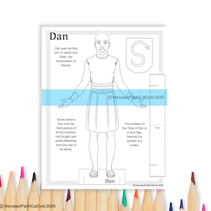 May include: A black and white line drawing of a figure labelled "Dan". The image includes text describing Dan's lineage and the emblem of the Tribe of Dan, a blue flag bearing a snake symbol.