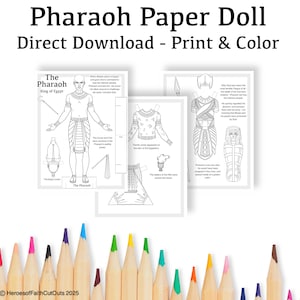 May include: A printable paper doll of an Egyptian Pharaoh, with multiple outfits and accessories to color. The paper doll is black and white and includes text about the Pharaoh, King of Egypt.