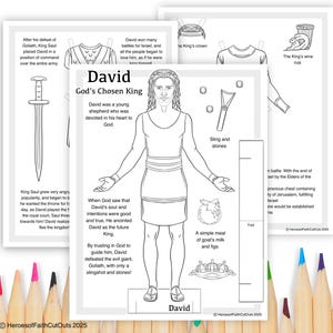 King David Paper Doll, Scripture Accurate, Printable Coloring Page, Sunday School, Homeschool, K-3 Grade Activity, Bible Story, Goliath