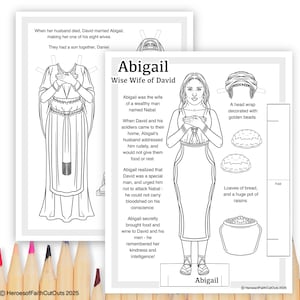 May include: Black and white printable paper doll of Abigail, the wise wife of David, from the Bible. The doll has a head wrap, dress, and sandals. The text on the page reads "Abigail, Wise Wife of David".