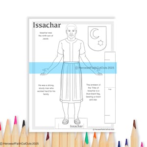Könnte beinhalten: Eine Schwarzweiß-Zeichnung von Issachar, einem der zwölf Söhne Jakobs. Die Zeichnung enthält eine Beschreibung von Issachars Charakter und dem Emblem des Stammes Issachar. Der Text lautet: "Issachar war der neunte Sohn Jakobs. Er war ein starker, stämmiger Mann, der hart für seine Familie arbeitete. Das Emblem des Stammes Issachar ist eine blauschwarze Flagge mit einem Mond und einem Stern."