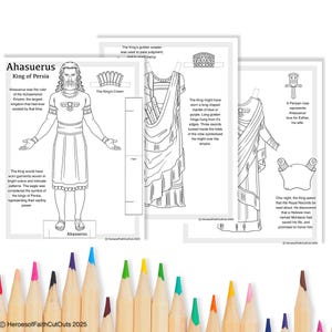 Puede incluir: Una muñeca de papel imprimible en blanco y negro de Asuero, rey de Persia, con una corona, un cetro y una túnica. La muñeca de papel está lista para ser coloreada.