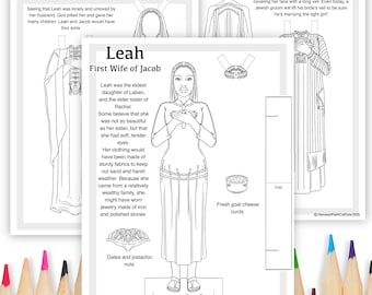 May include: Black and white printable paper doll of Leah, the first wife of Jacob, from the Bible. The doll is dressed in a long robe and has her hands clasped in front of her. The paper doll includes a title, a description of Leah, and a few accessories.