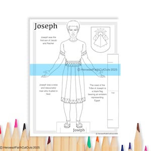 May include: Black and white printable paper doll of Joseph, a biblical figure. The doll includes a text description of Joseph's life and a crest representing the Tribe of Joseph.