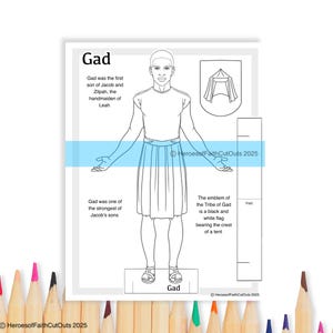 May include: A black and white printable paper doll cutout of Gad, one of the sons of Jacob. The text reads "Gad was the first son of Jacob and Zilpah, the handmaiden of Leah. Gad was one of the strongest of Jacob's sons. The emblem of the Tribe of Gad is a black and white flag bearing the crest of a tent."