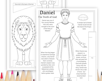 May include: Black and white line art coloring pages featuring the biblical story of Daniel. One page shows Daniel, and the other shows a lion. Text includes "Daniel" and "The Truth of God."