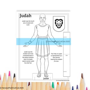 Op de afbeelding: Zwart-witte lijnillustratie van Juda, een van de twaalf zonen van Jakob. De illustratie bevat tekst over Judahs karakter en het symbool van de stam Juda, een leeuw. De tekst luidt: "Juda was de vierde zoon van Jakob en Lea. Juda was de vriendelijkste en meest meedogende van de twaalf broers. Na zijn dood benoemde Jakob Juda tot zijn belangrijkste erfgenaam. De stam Juda wordt vertegenwoordigd door een blauwe vlag, met het embleem van een leeuw."