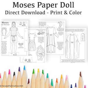 Könnte beinhalten: Eine ausdruckbare Papierpuppe von Moses, einer biblischen Figur, mit verschiedenen Outfits und Accessoires zum Ausmalen. Die Papierpuppe enthält den Titel "Moses Paper Doll" und den Text "Direct Download - Print & Color".