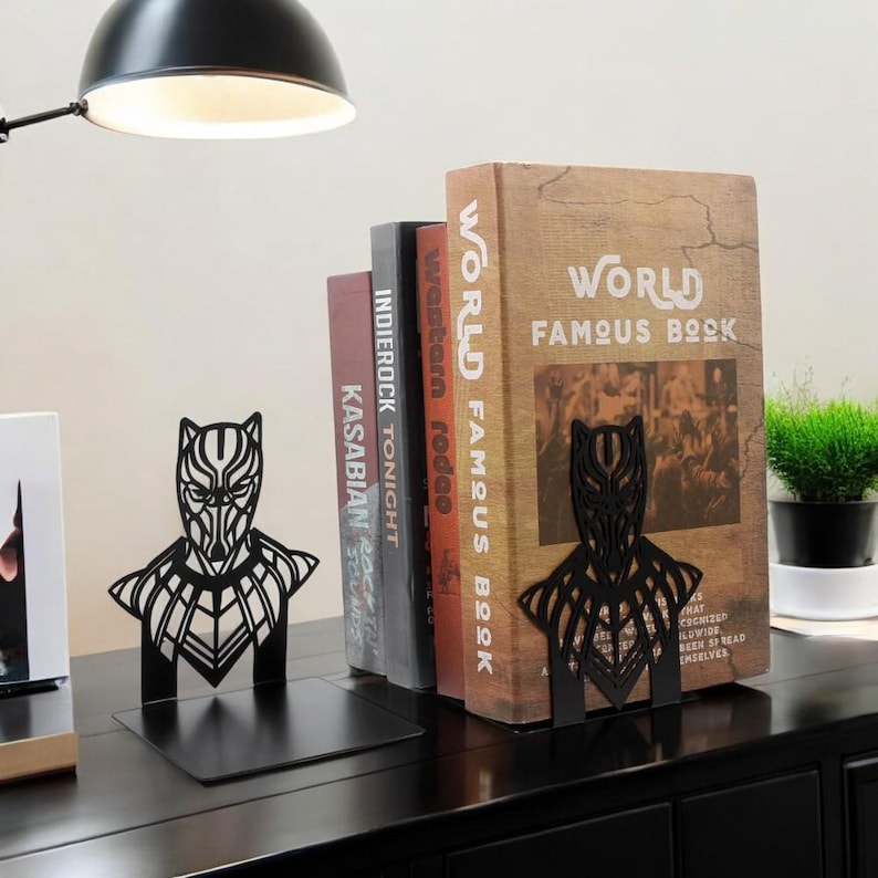 black panther gift
superhero bookends
hero book stand
comic book holder
geek home decor
metal bookends
Avengers gift
bookshelf organizer
nerdy home decor
movie fan gift
book stand for men
Wakanda gift
superhero decor
